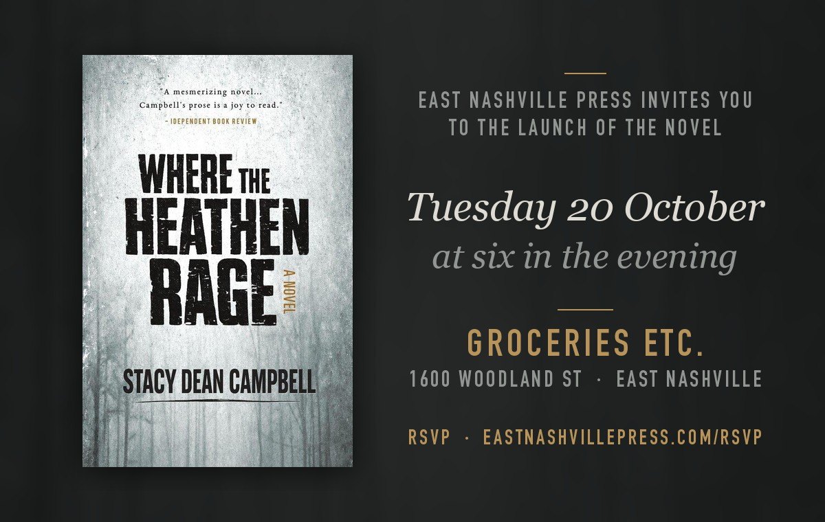Email header: the cover of Where the Heathen Rage beside Tuesday 20 October at six in the evening, Groceries Etc., 1600 Woodland St, and the RSVP address.